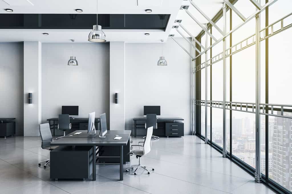 Bright office interior with city view